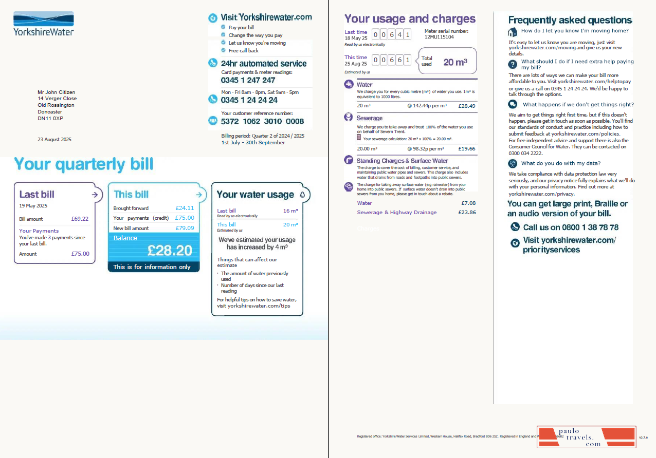 United Kingdom Yorkshire Water utility bill template in Word and PDF formats, 2 pages, version 2